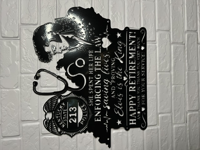 Custom police retirement metal sign with personalized retirement design by White Bear Fabrication