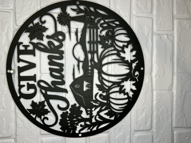 Laser-cut metal "Give Thanks" fall sign by White Bear Fabrication
