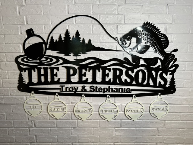 Personalized fishing family metal sign with custom family name and hanging name ornaments