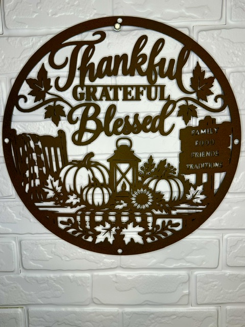Laser-cut metal "Thankful Grateful Blessed" sign by White Bear Fabrication
